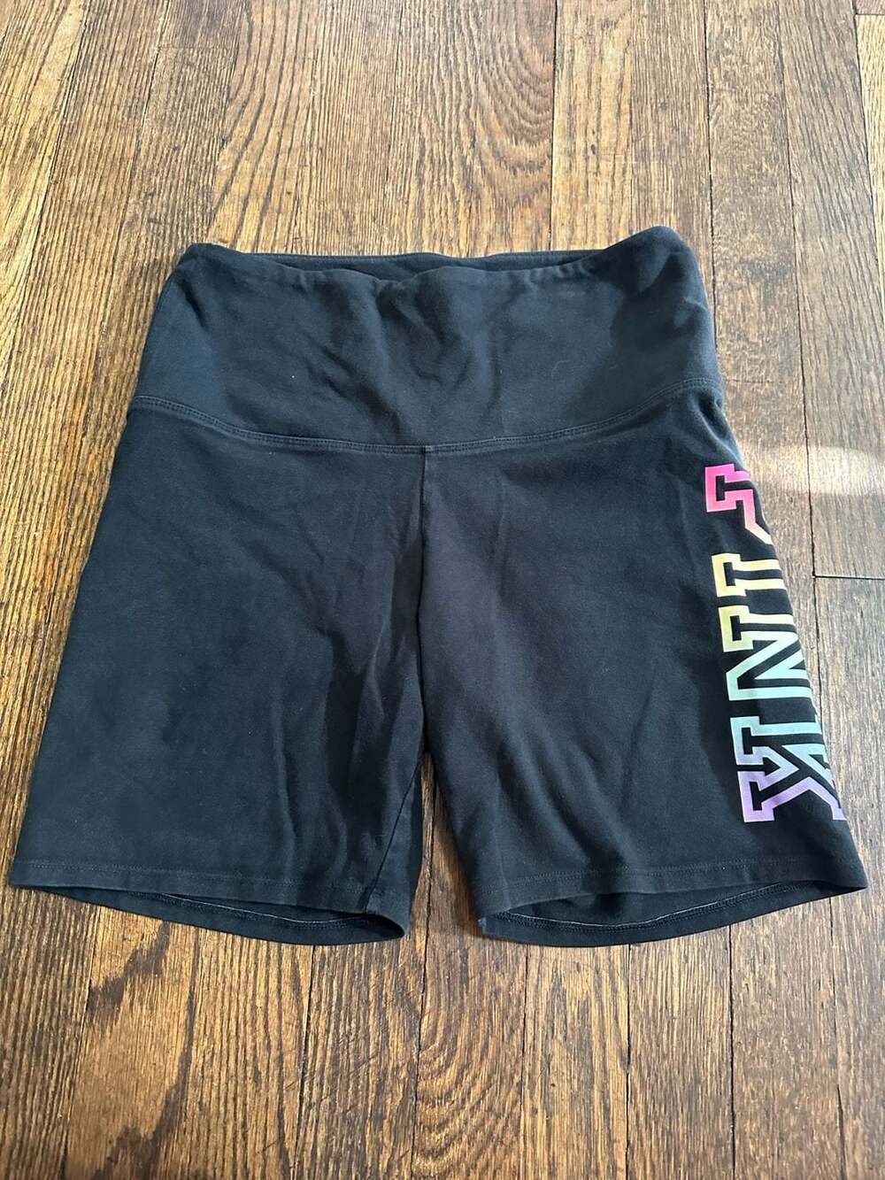 Victoria's Secret PINK High-Waist Cotton Biker Shorts in Black Rainbow Logo M